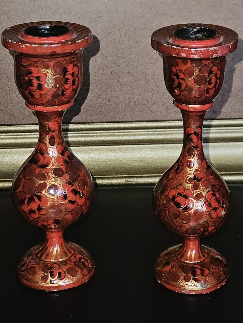 Vintage Set of 2  Wooden Indian Candle Holders 6 5" tall